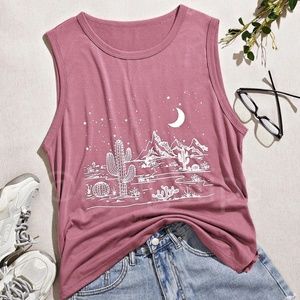 Boho Western Print Pink Tank Top Tee Shirt Muscle Stretchy